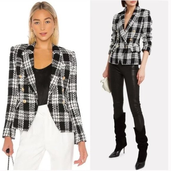 L'AGENCE Jackets & Blazers - L'AGENCE Kenzie Double Breasted Tweed Blazer in Black and White Size 0